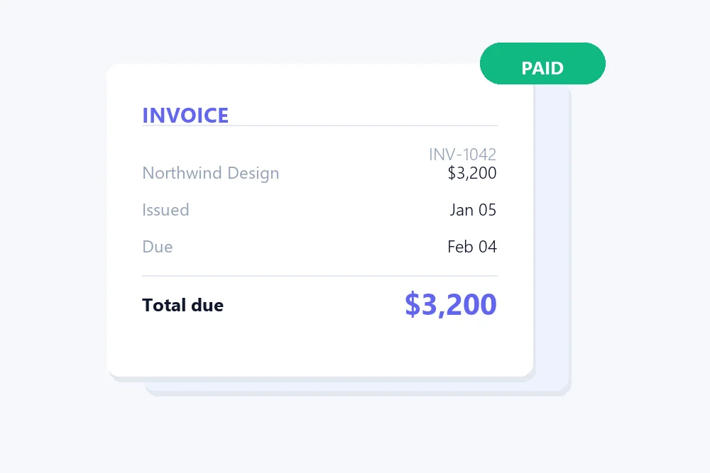 Invoice template illustration showing client name, issue and due dates, amount due and a paid status badge