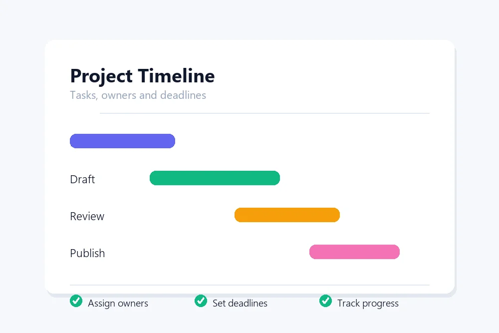 Project timeline spreadsheet illustration showing task bars, owners and deadline tracking