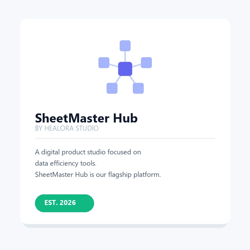SheetMaster Hub by Healora Studio brand card with a hub-and-spoke mark