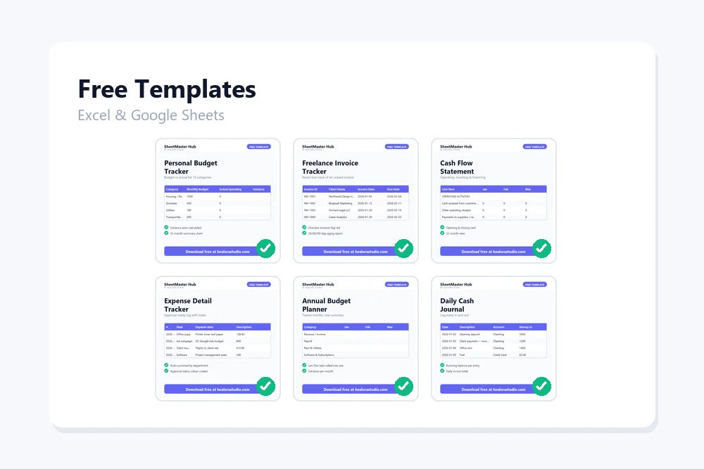 Grid of free Excel and Google Sheets template previews including budget, invoice, cash flow and expense trackers
