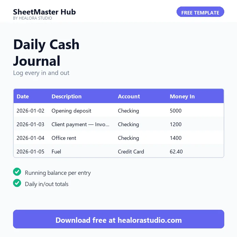 Daily Cash Journal — free Excel and Google Sheets template preview