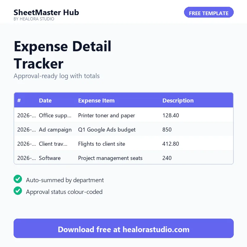 Expense Detail Tracker — free Excel and Google Sheets template preview